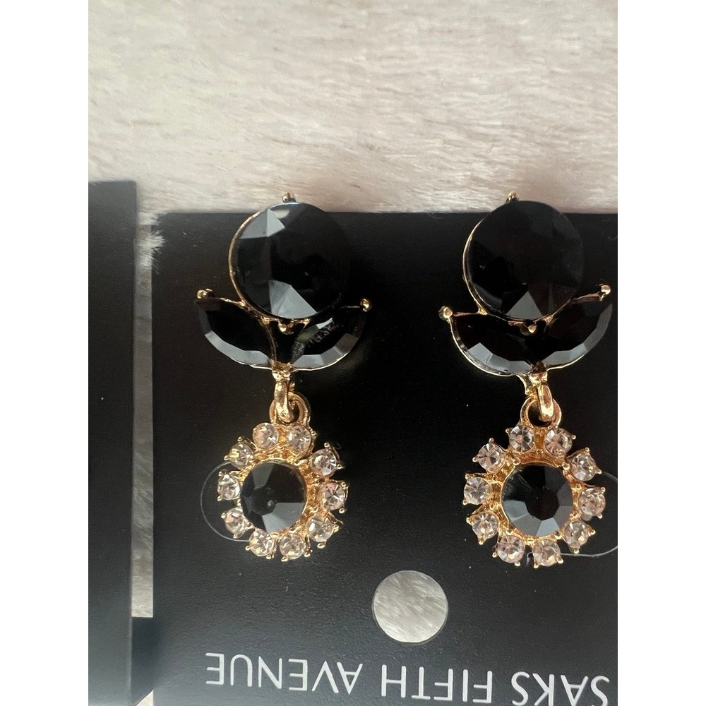 Saks Fifth Avenue Earrings 2 Pair Black Gold Crystal Rhinestone NWT Glam Evening - Picture 7 of 13